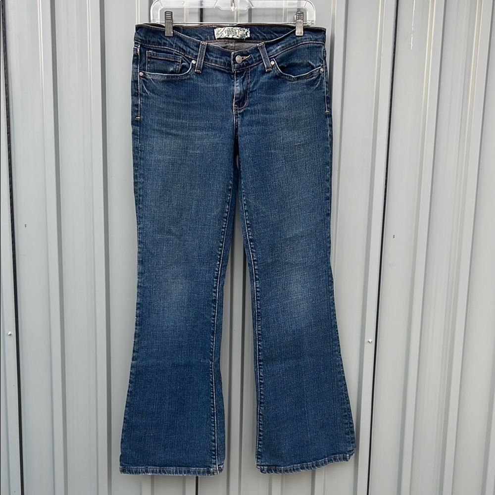 Vtg Fossil Low Rise Flare Jeans Y2K Dark Wash Wide Leg Denim Cyber McBling 12R